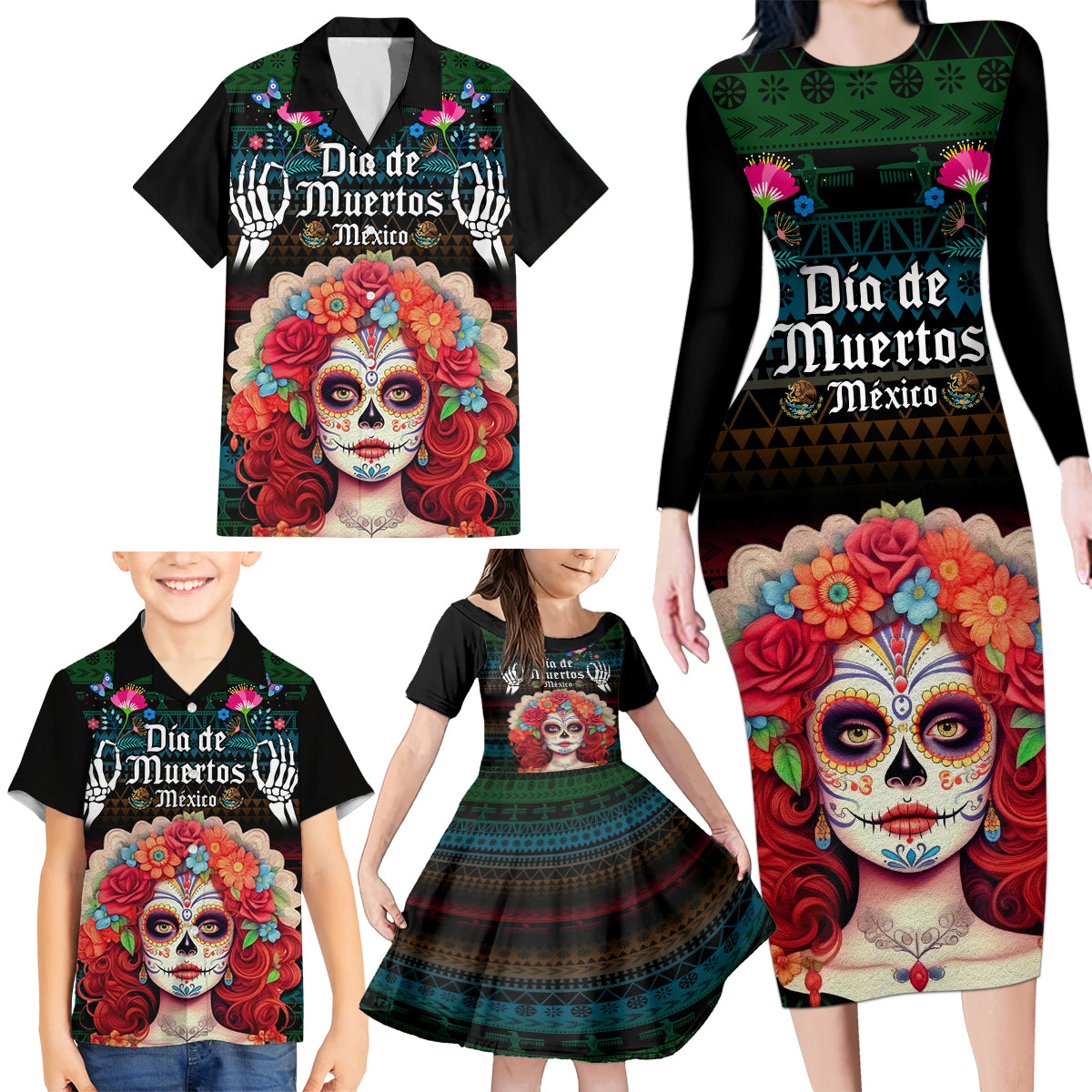Personalised Mexico Day Of The Dead Family Matching Long Sleeve Bodycon Dress and Hawaiian Shirt Mexican La Catrina Dia de los Muertos - Wonder Print Shop
