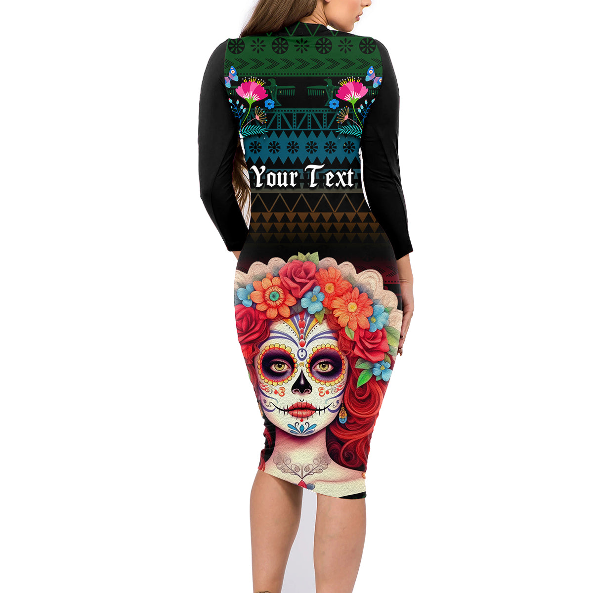 Personalised Mexico Day Of The Dead Family Matching Long Sleeve Bodycon Dress and Hawaiian Shirt Mexican La Catrina Dia de los Muertos - Wonder Print Shop