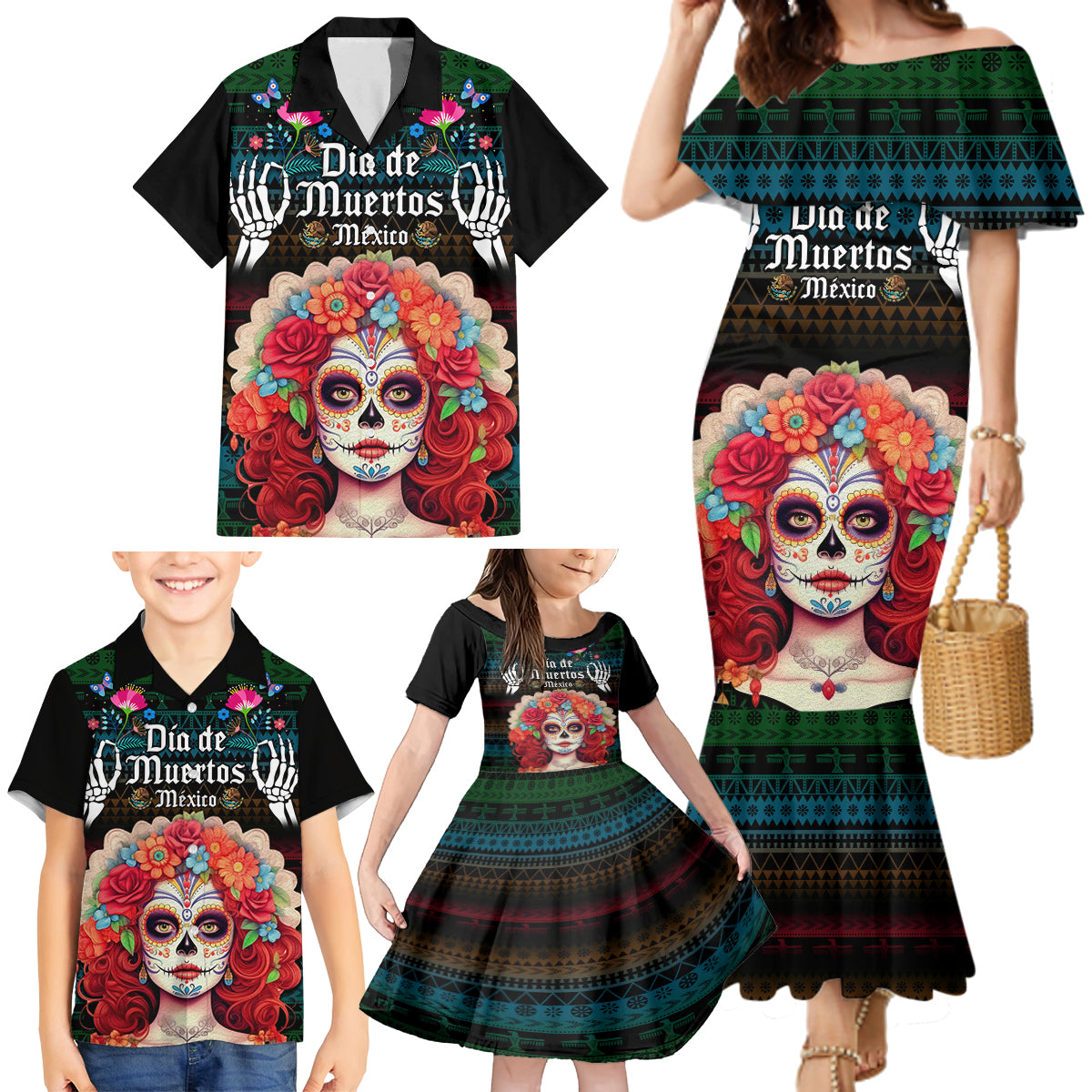 Personalised Mexico Day Of The Dead Family Matching Mermaid Dress and Hawaiian Shirt Mexican La Catrina Dia de los Muertos - Wonder Print Shop