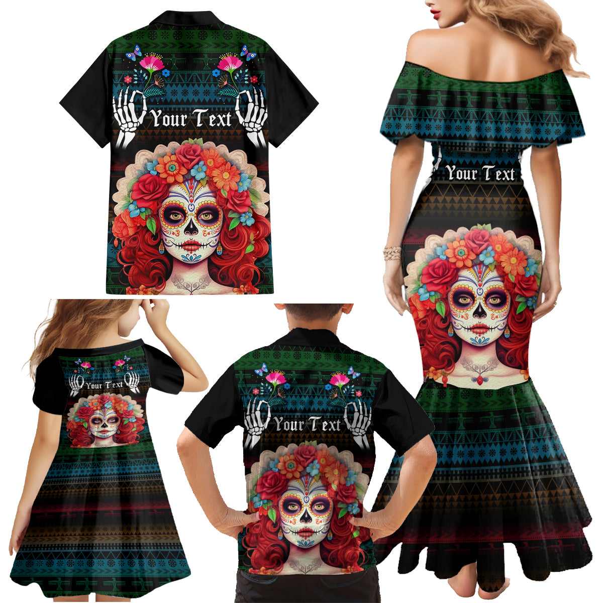 Personalised Mexico Day Of The Dead Family Matching Mermaid Dress and Hawaiian Shirt Mexican La Catrina Dia de los Muertos - Wonder Print Shop
