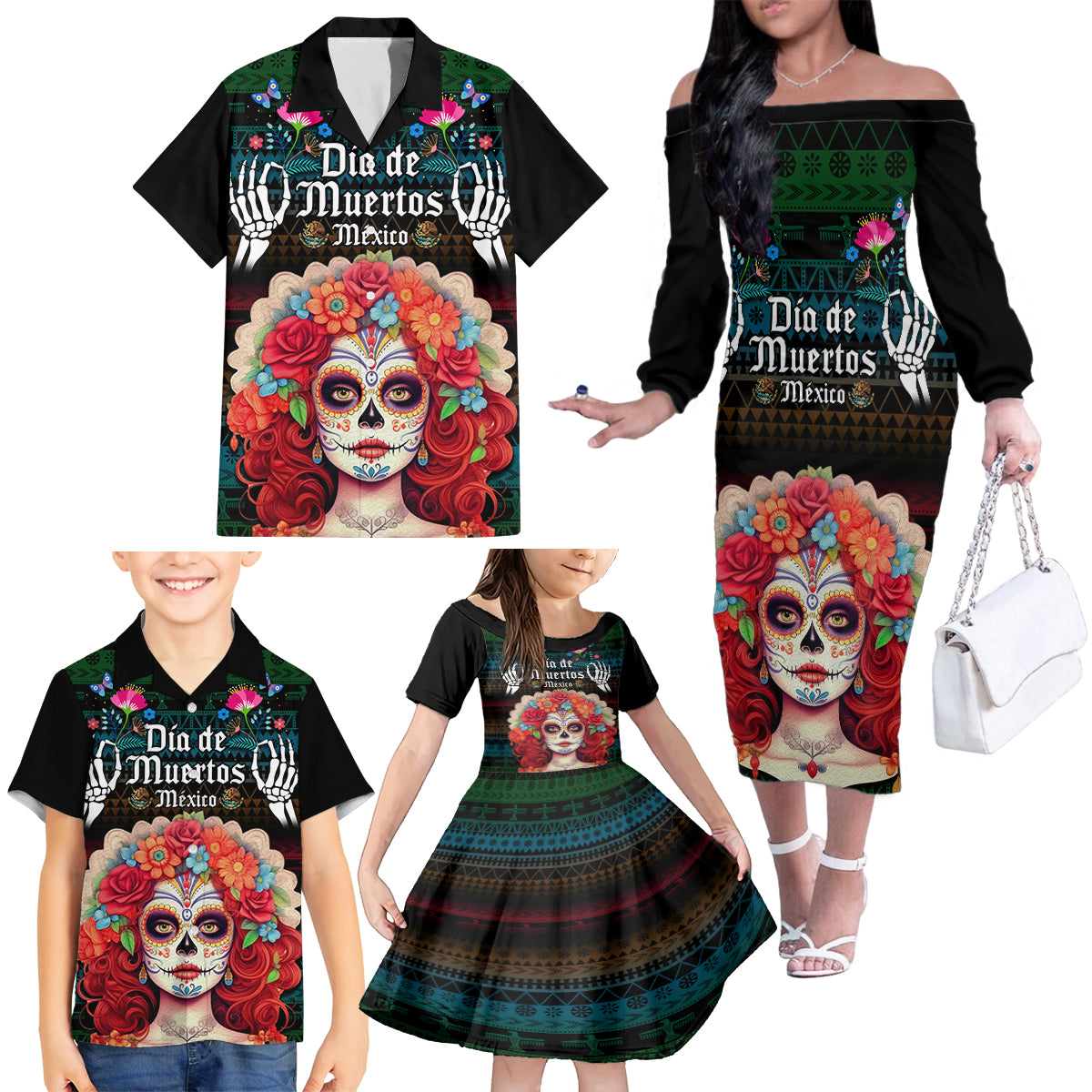 Personalised Mexico Day Of The Dead Family Matching Off Shoulder Long Sleeve Dress and Hawaiian Shirt Mexican La Catrina Dia de los Muertos - Wonder Print Shop