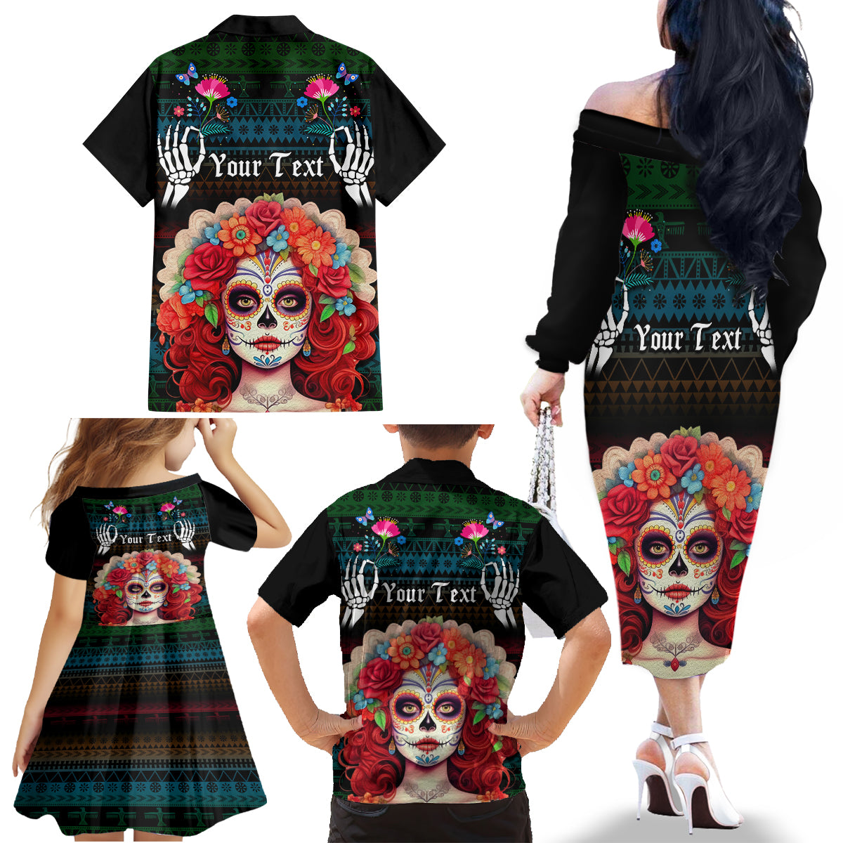 Personalised Mexico Day Of The Dead Family Matching Off Shoulder Long Sleeve Dress and Hawaiian Shirt Mexican La Catrina Dia de los Muertos - Wonder Print Shop