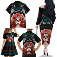 Personalised Mexico Day Of The Dead Family Matching Off Shoulder Long Sleeve Dress and Hawaiian Shirt Mexican La Catrina Dia de los Muertos - Wonder Print Shop