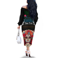 Personalised Mexico Day Of The Dead Family Matching Off Shoulder Long Sleeve Dress and Hawaiian Shirt Mexican La Catrina Dia de los Muertos - Wonder Print Shop