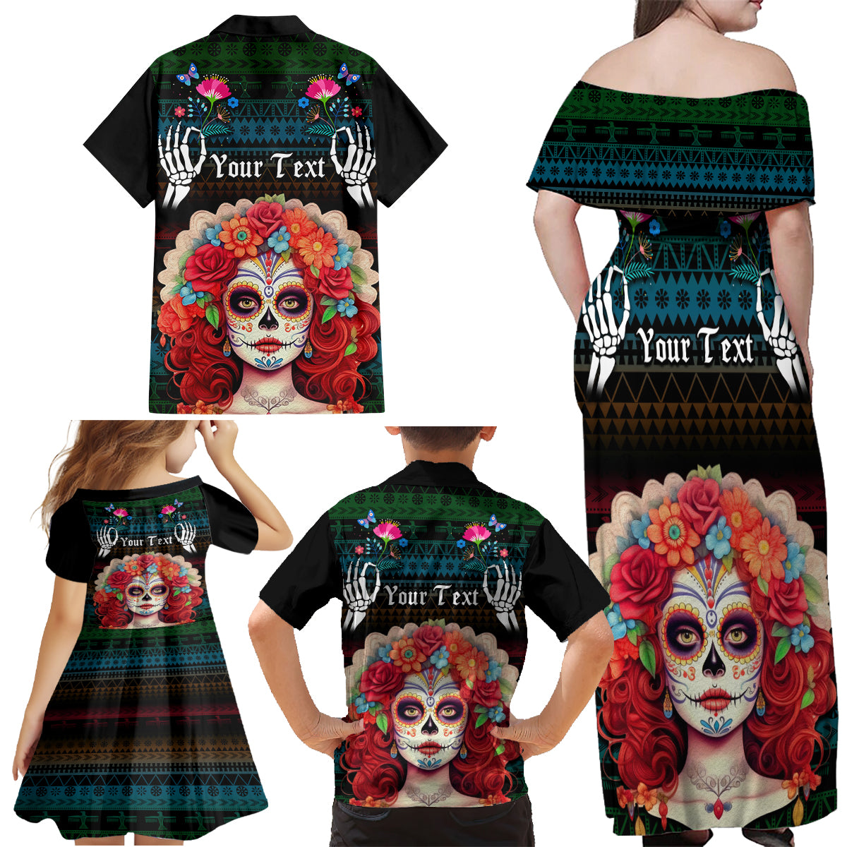 Personalised Mexico Day Of The Dead Family Matching Off Shoulder Maxi Dress and Hawaiian Shirt Mexican La Catrina Dia de los Muertos - Wonder Print Shop