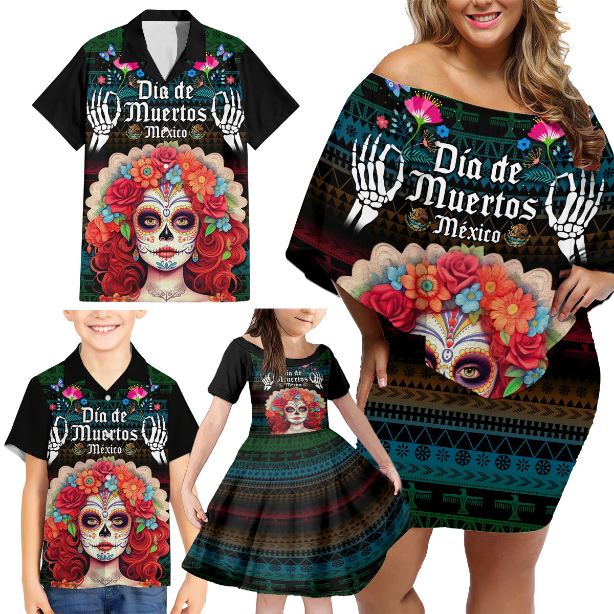 Personalised Mexico Day Of The Dead Family Matching Off Shoulder Short Dress and Hawaiian Shirt Mexican La Catrina Dia de los Muertos - Wonder Print Shop