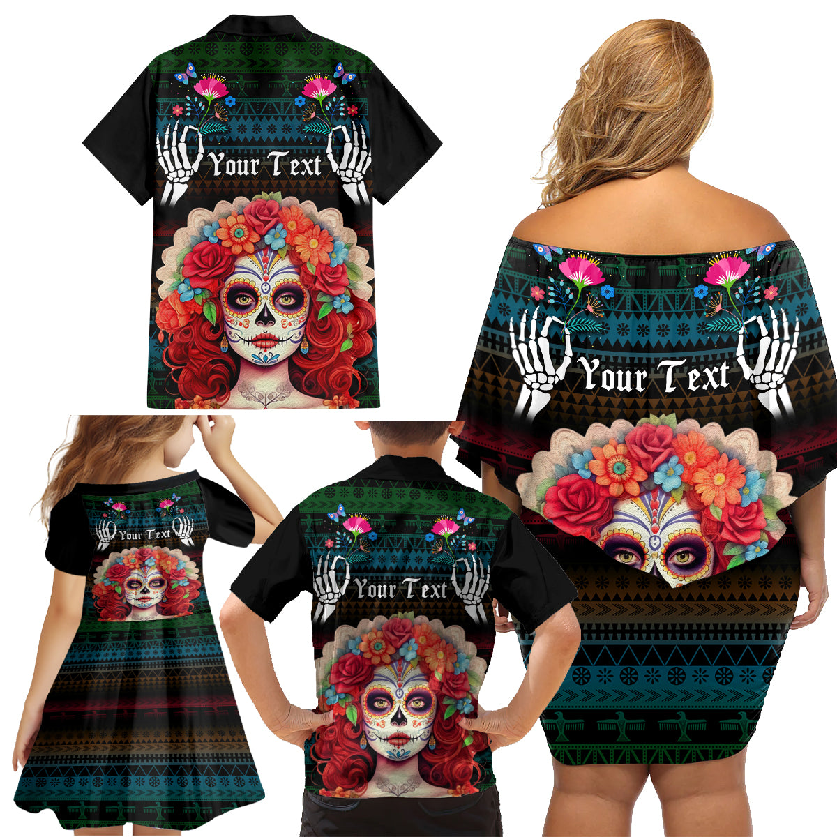 Personalised Mexico Day Of The Dead Family Matching Off Shoulder Short Dress and Hawaiian Shirt Mexican La Catrina Dia de los Muertos - Wonder Print Shop