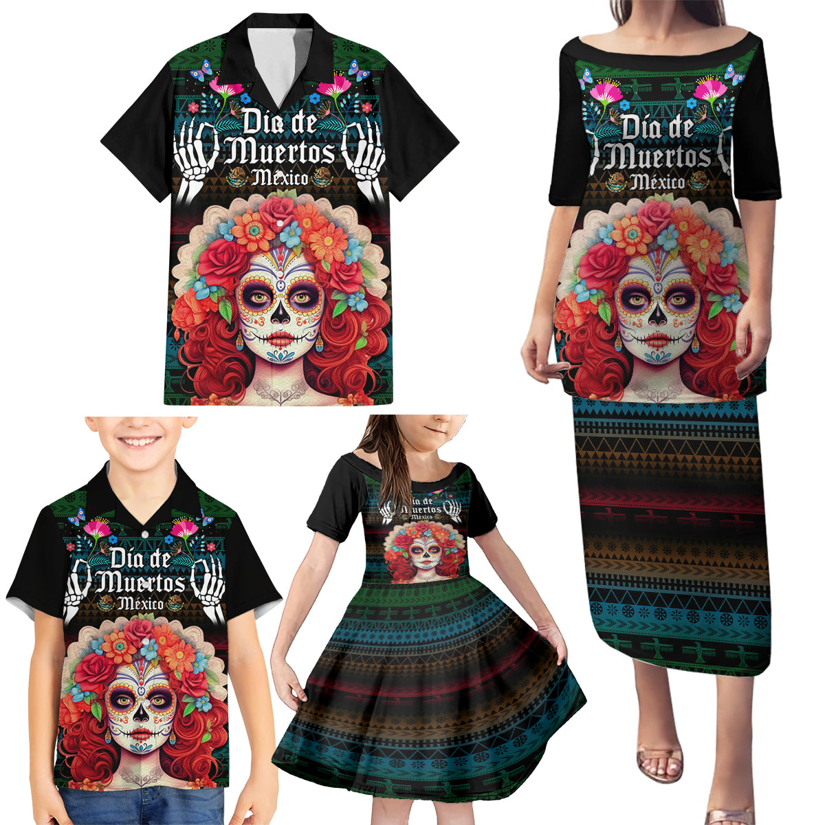 Personalised Mexico Day Of The Dead Family Matching Puletasi Dress and Hawaiian Shirt Mexican La Catrina Dia de los Muertos - Wonder Print Shop