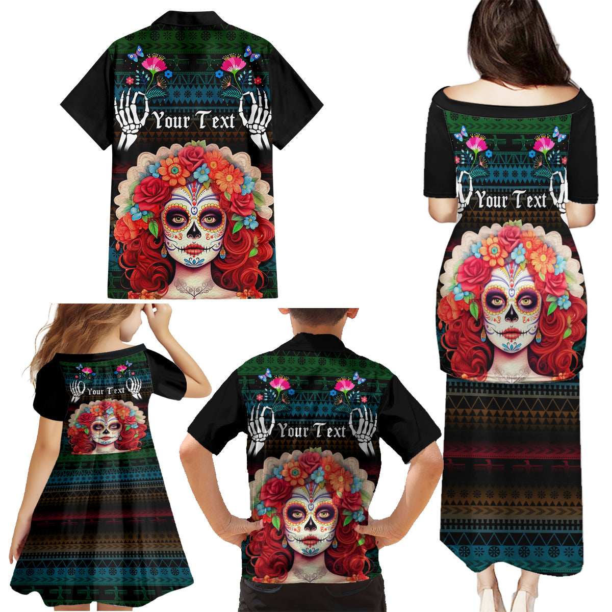 Personalised Mexico Day Of The Dead Family Matching Puletasi Dress and Hawaiian Shirt Mexican La Catrina Dia de los Muertos - Wonder Print Shop