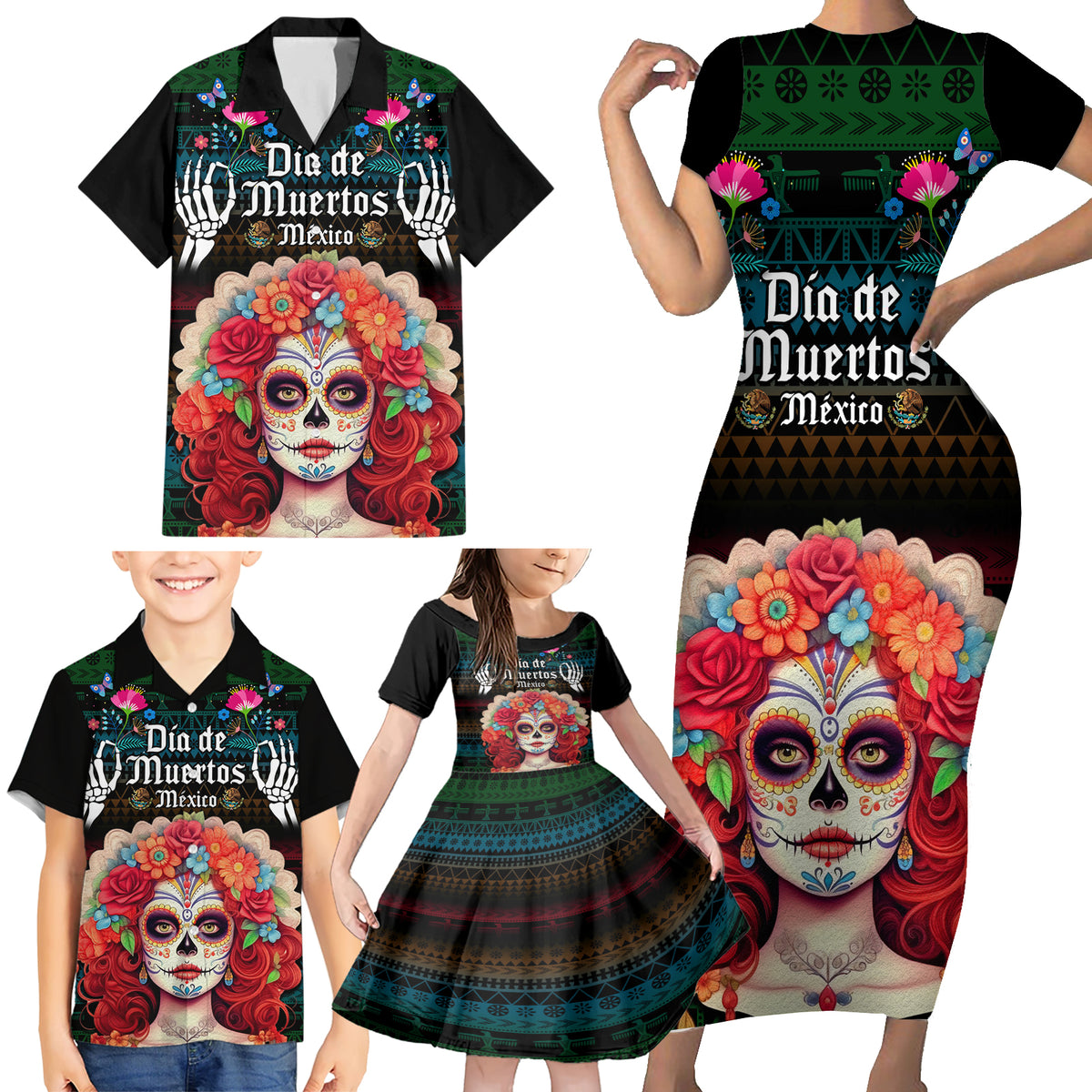 Personalised Mexico Day Of The Dead Family Matching Short Sleeve Bodycon Dress and Hawaiian Shirt Mexican La Catrina Dia de los Muertos - Wonder Print Shop