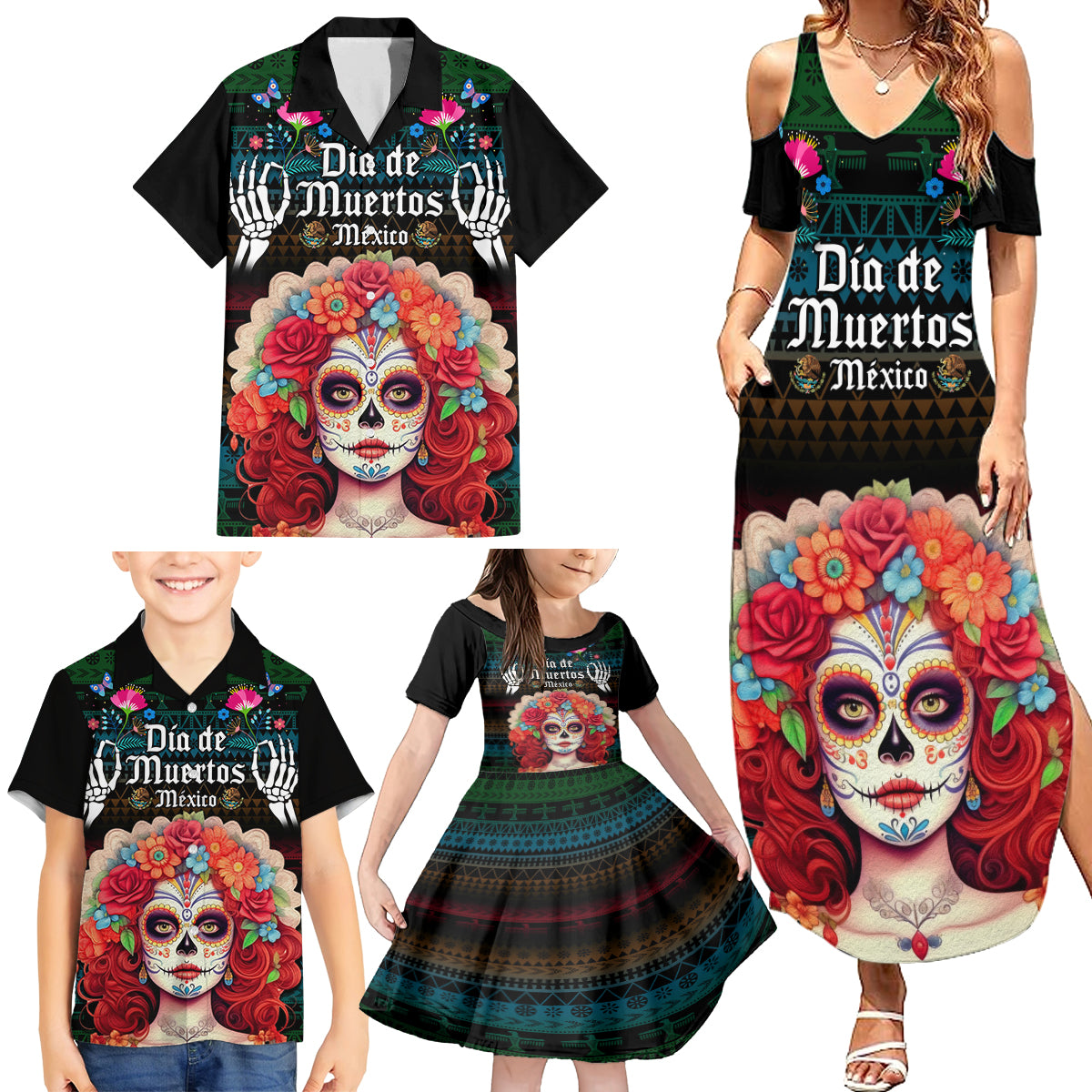 Personalised Mexico Day Of The Dead Family Matching Summer Maxi Dress and Hawaiian Shirt Mexican La Catrina Dia de los Muertos - Wonder Print Shop