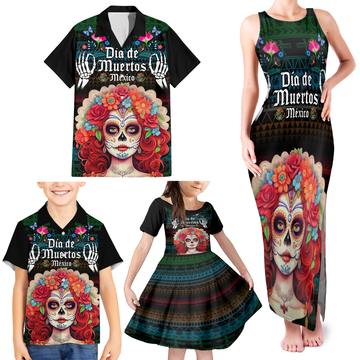 Personalised Mexico Day Of The Dead Family Matching Tank Maxi Dress and Hawaiian Shirt Mexican La Catrina Dia de los Muertos - Wonder Print Shop
