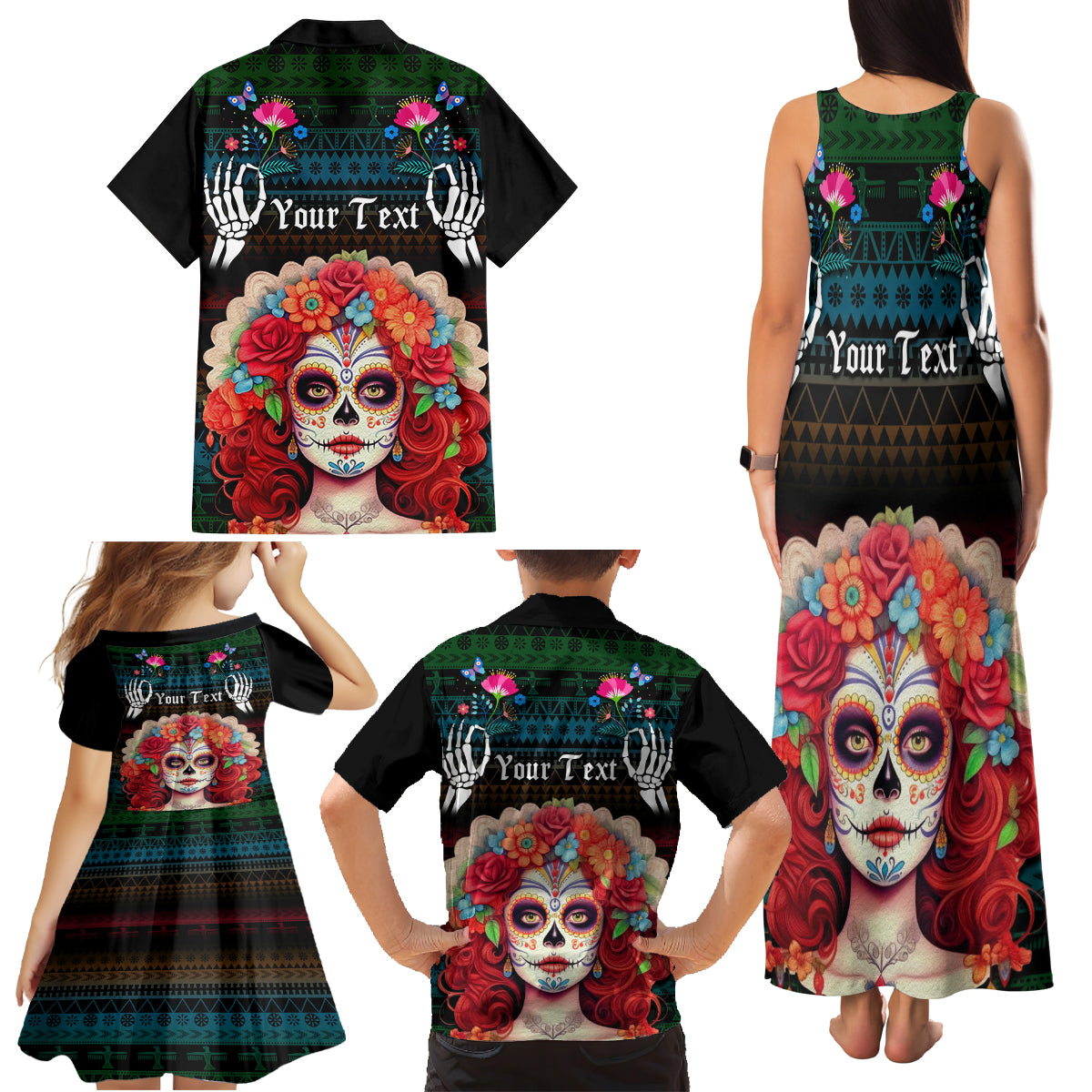 Personalised Mexico Day Of The Dead Family Matching Tank Maxi Dress and Hawaiian Shirt Mexican La Catrina Dia de los Muertos - Wonder Print Shop