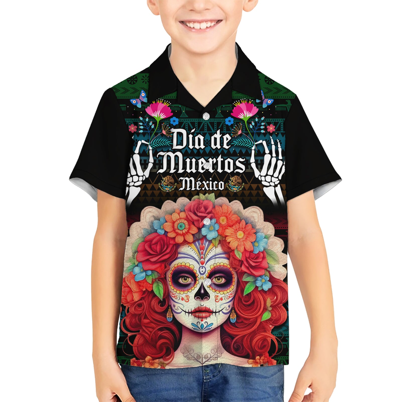 Personalised Mexico Day Of The Dead Kid Hawaiian Shirt Mexican La Catrina Dia de los Muertos - Wonder Print Shop