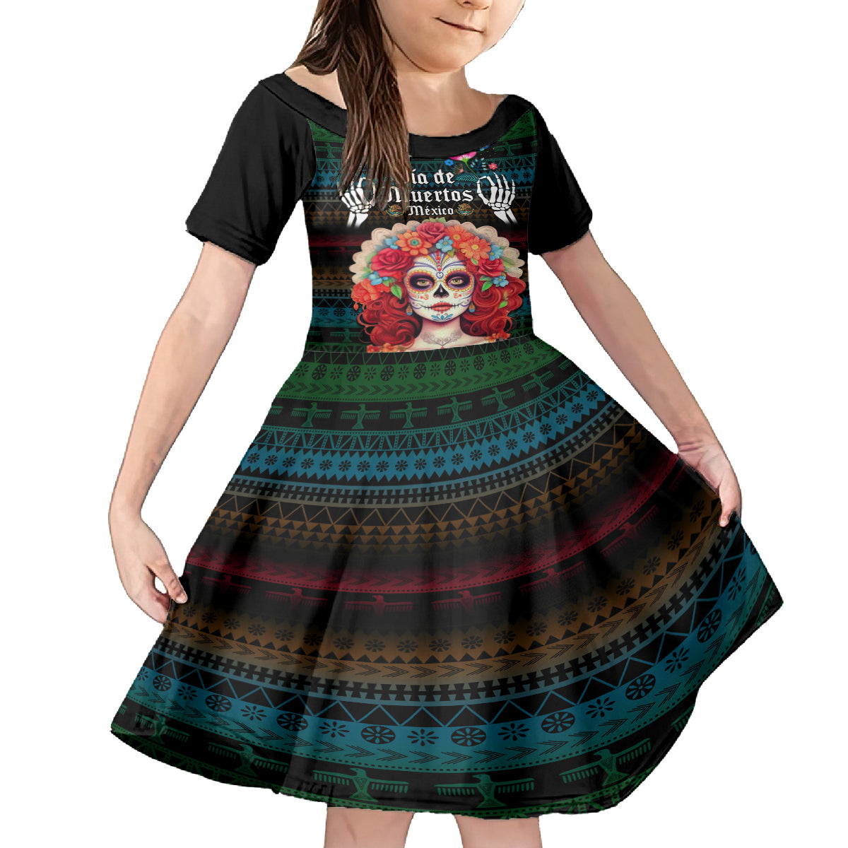 Personalised Mexico Day Of The Dead Kid Short Sleeve Dress Mexican La Catrina Dia de los Muertos - Wonder Print Shop