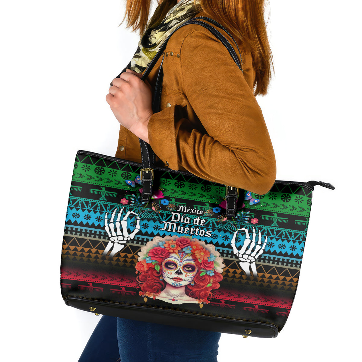 Mexico Day Of The Dead Leather Tote Bag Mexican La Catrina Dia de los Muertos - Wonder Print Shop