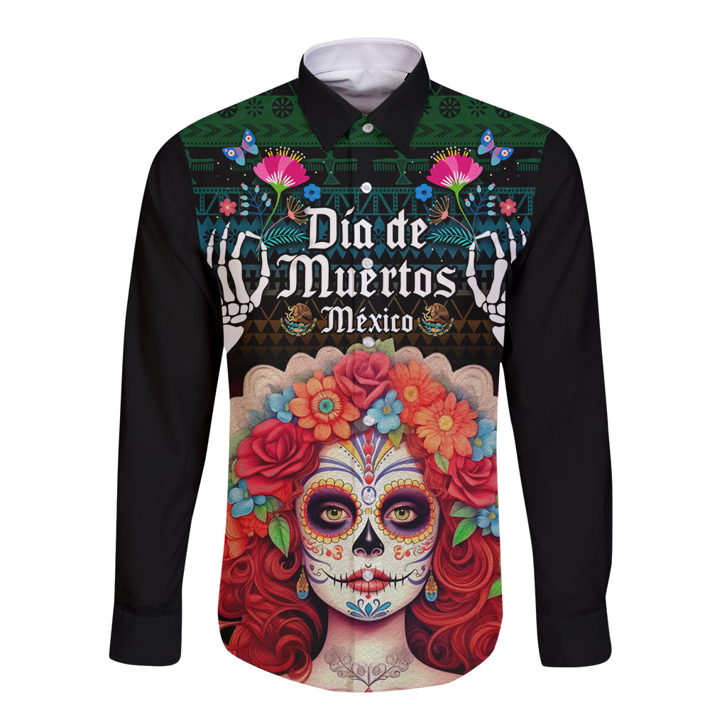 Personalised Mexico Day Of The Dead Long Sleeve Button Shirt Mexican La Catrina Dia de los Muertos - Wonder Print Shop