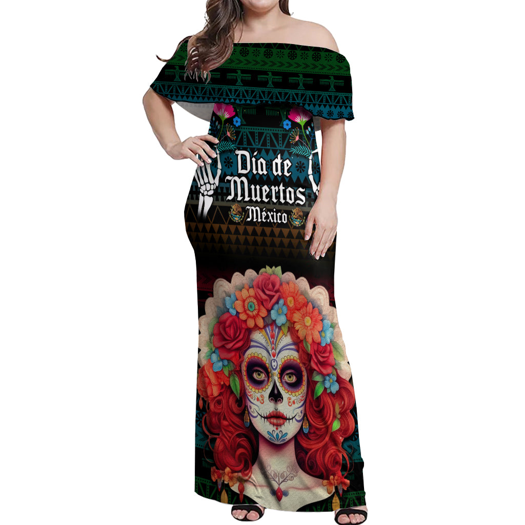 Personalised Mexico Day Of The Dead Off Shoulder Maxi Dress Mexican La Catrina Dia de los Muertos - Wonder Print Shop