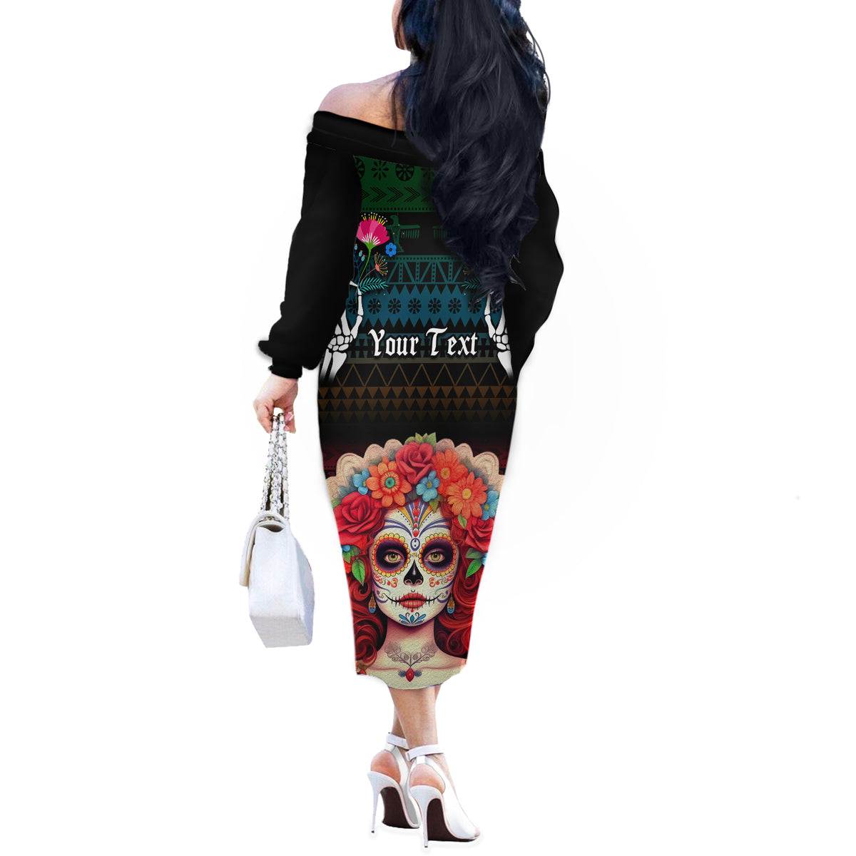 Personalised Mexico Day Of The Dead Off The Shoulder Long Sleeve Dress Mexican La Catrina Dia de los Muertos - Wonder Print Shop