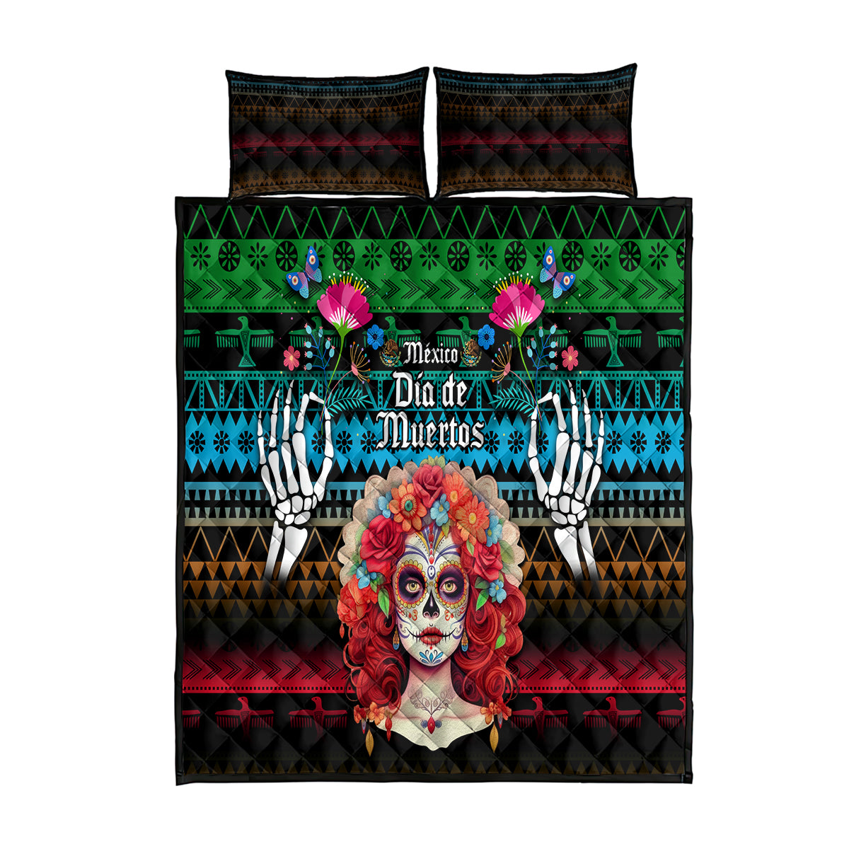 Mexico Day Of The Dead Quilt Bed Set Mexican La Catrina Dia de los Muertos - Wonder Print Shop