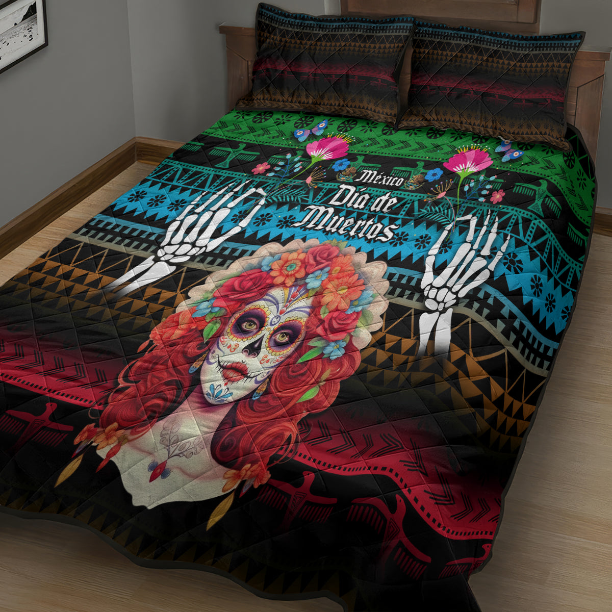 Mexico Day Of The Dead Quilt Bed Set Mexican La Catrina Dia de los Muertos - Wonder Print Shop