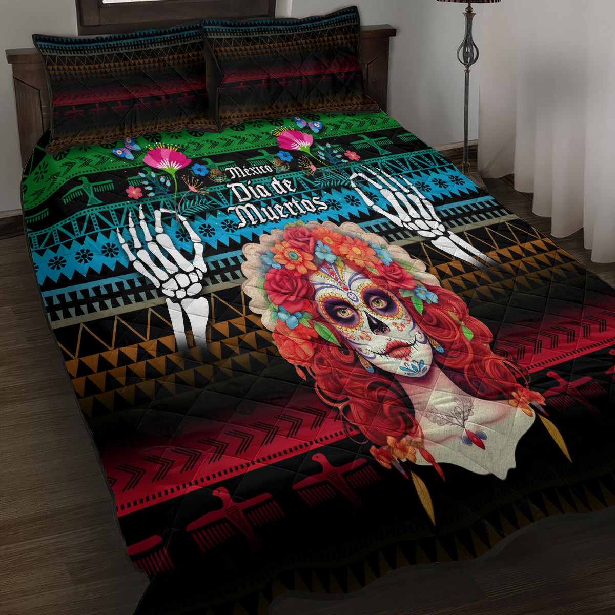 Mexico Day Of The Dead Quilt Bed Set Mexican La Catrina Dia de los Muertos - Wonder Print Shop