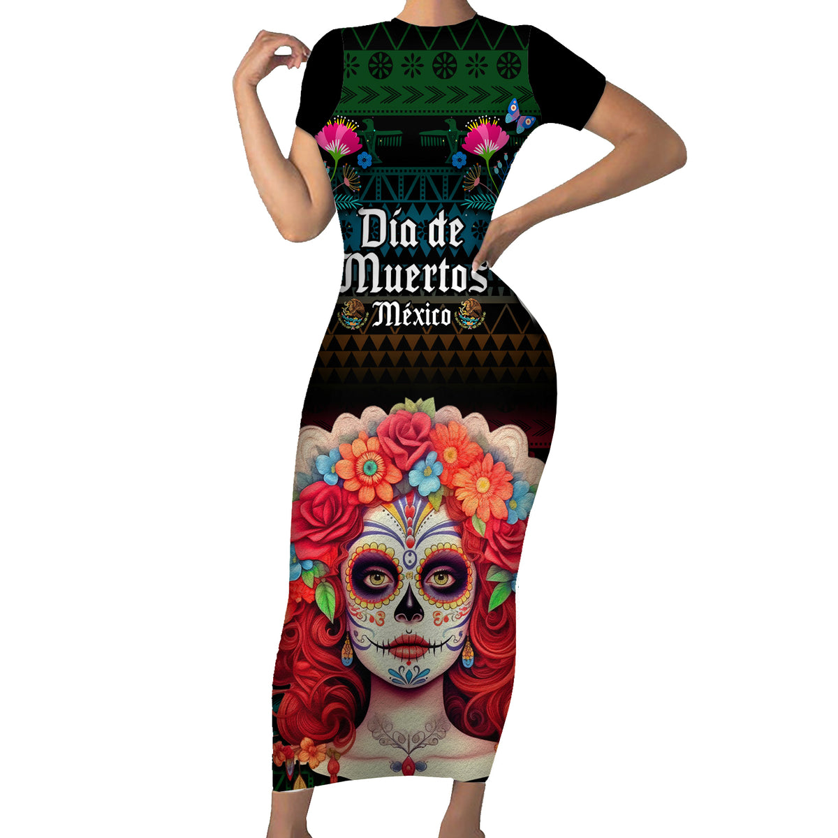 Personalised Mexico Day Of The Dead Short Sleeve Bodycon Dress Mexican La Catrina Dia de los Muertos - Wonder Print Shop