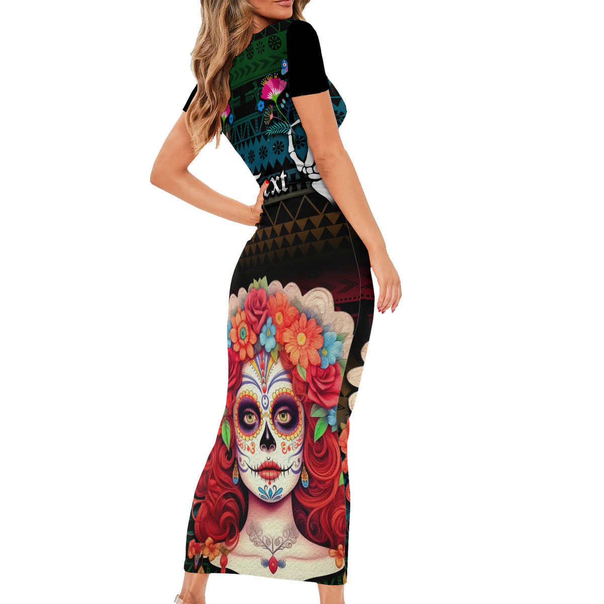 Personalised Mexico Day Of The Dead Short Sleeve Bodycon Dress Mexican La Catrina Dia de los Muertos - Wonder Print Shop