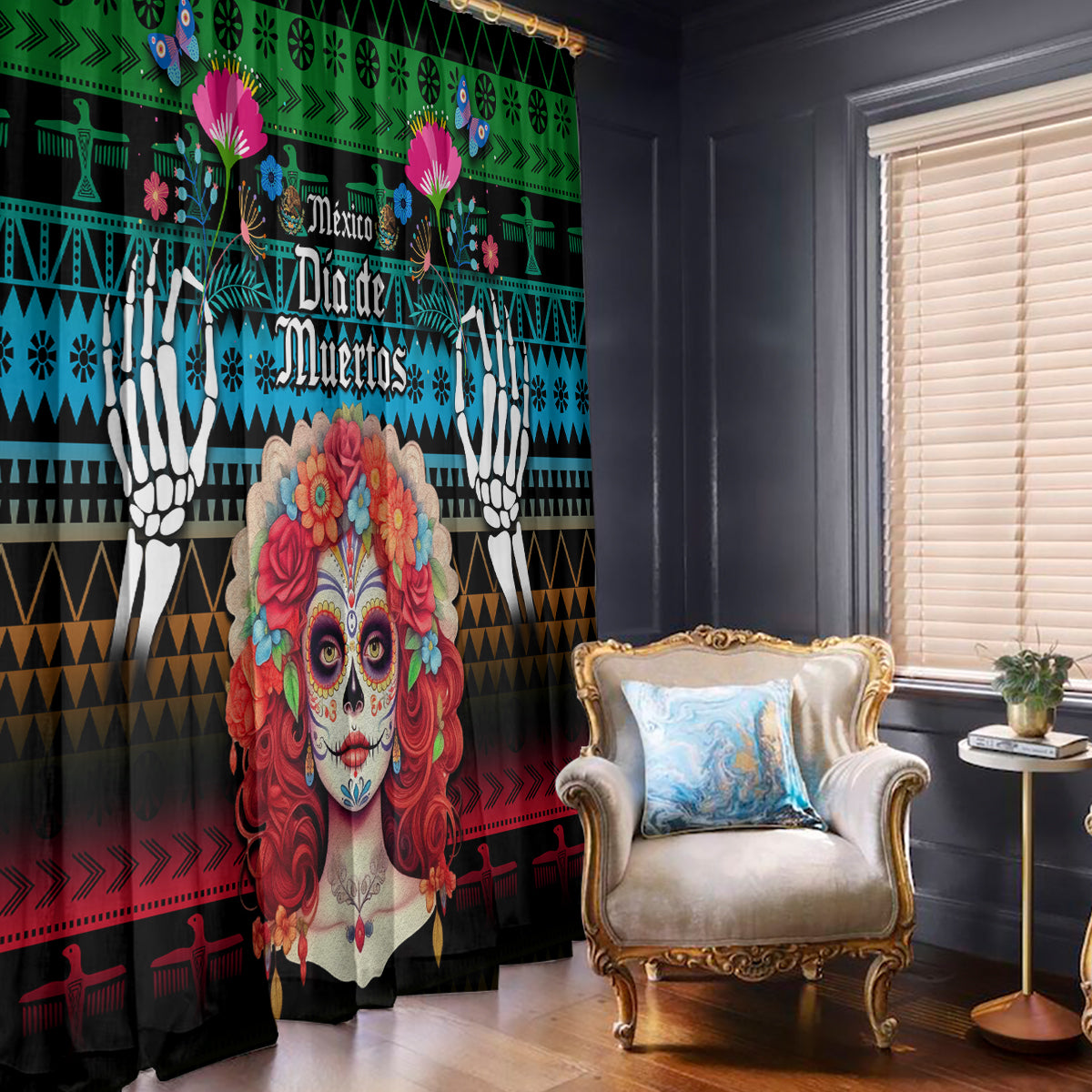 Mexico Day Of The Dead Window Curtain Mexican La Catrina Dia de los Muertos - Wonder Print Shop