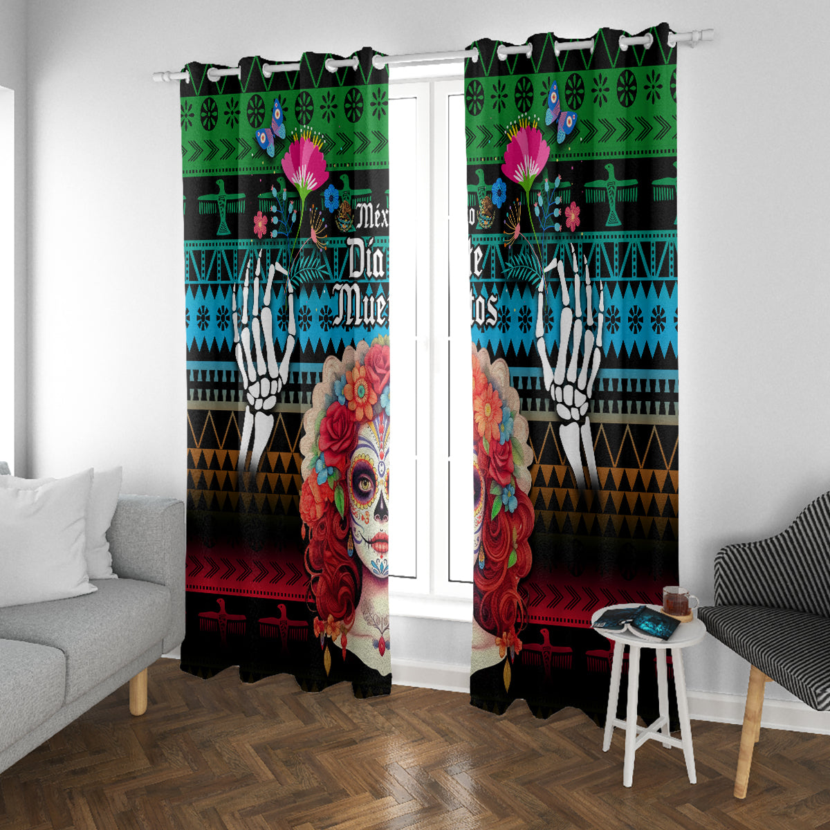 Mexico Day Of The Dead Window Curtain Mexican La Catrina Dia de los Muertos - Wonder Print Shop