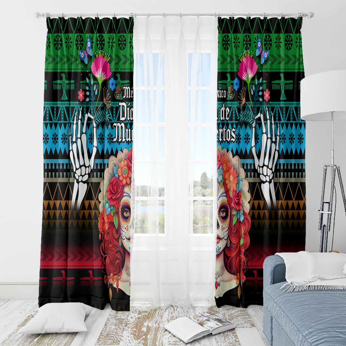 Mexico Day Of The Dead Window Curtain Mexican La Catrina Dia de los Muertos - Wonder Print Shop