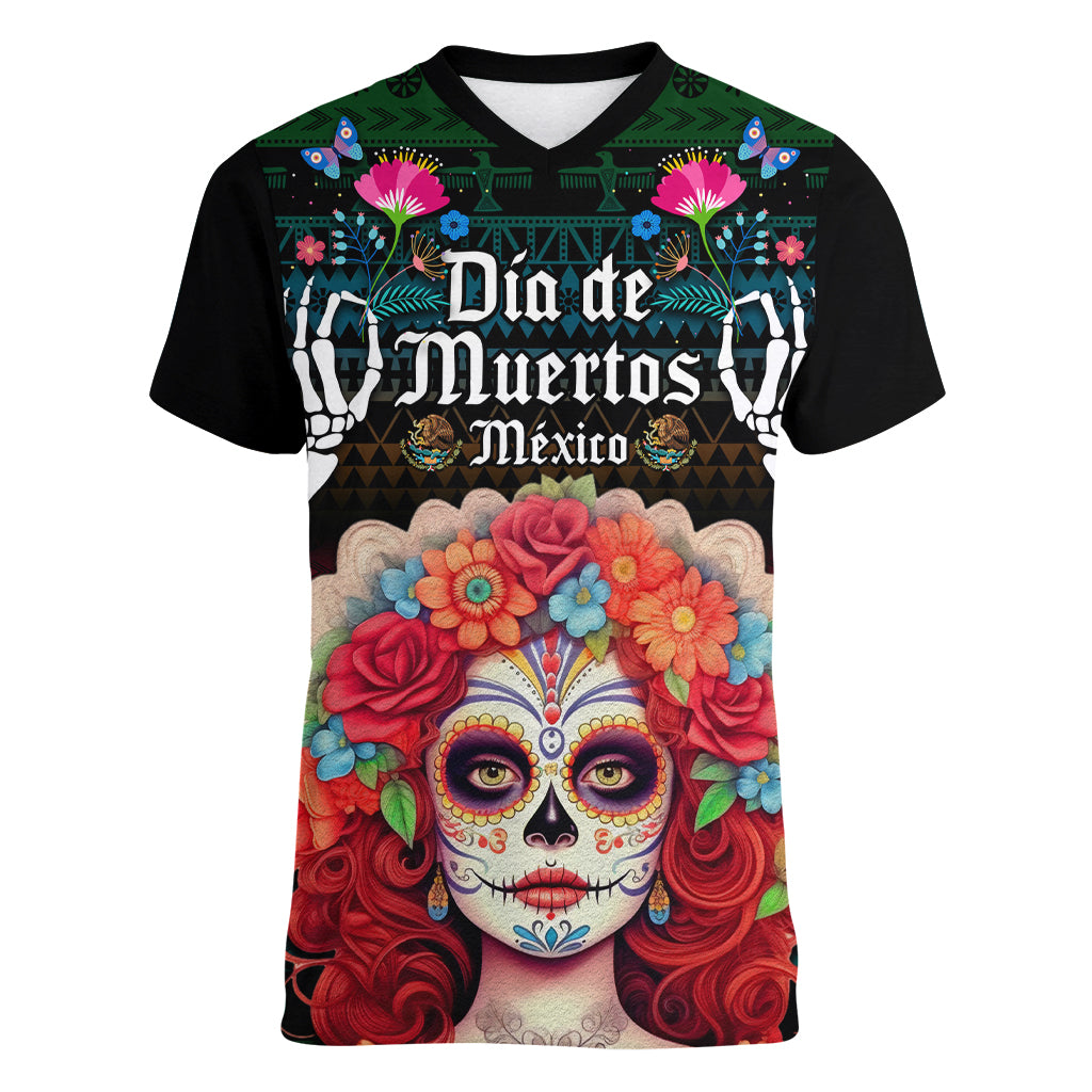 Personalised Mexico Day Of The Dead Women V Neck T Shirt Mexican La Catrina Dia de los Muertos - Wonder Print Shop