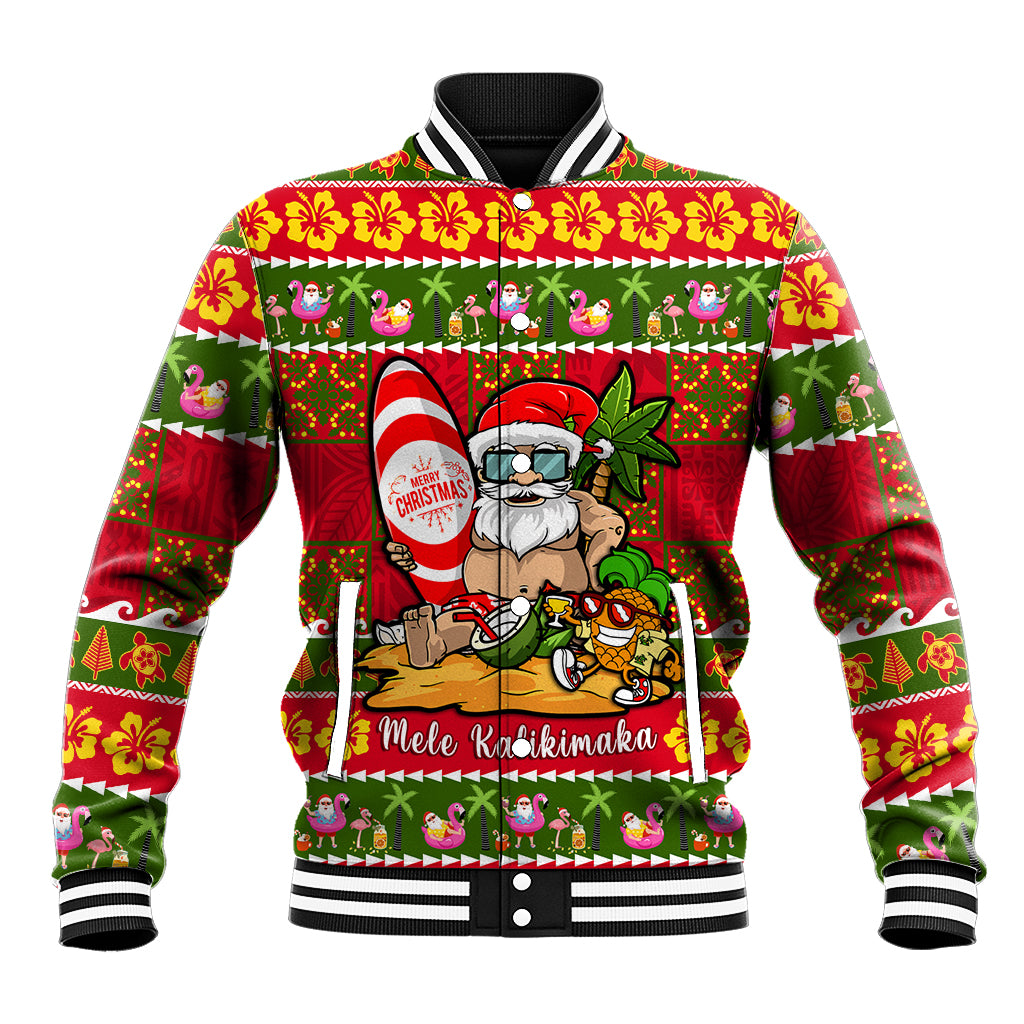 Personalised Hawaii Surfing Santa Christmas Baseball Jacket Tropical Pineapple Mele Kalikimaka Quilt Pattern - Wonder Print Shop