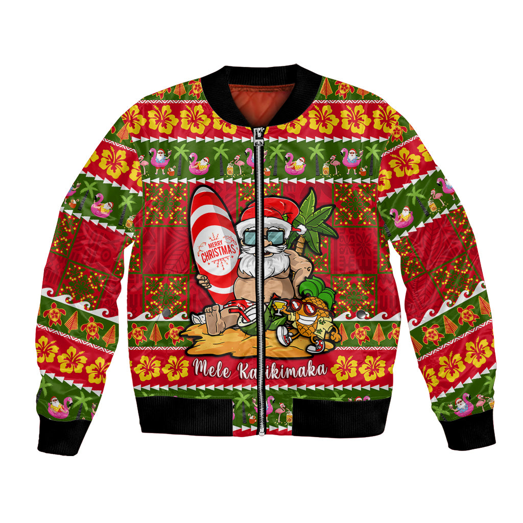 Personalised Hawaii Surfing Santa Christmas Bomber Jacket Tropical Pineapple Mele Kalikimaka Quilt Pattern - Wonder Print Shop