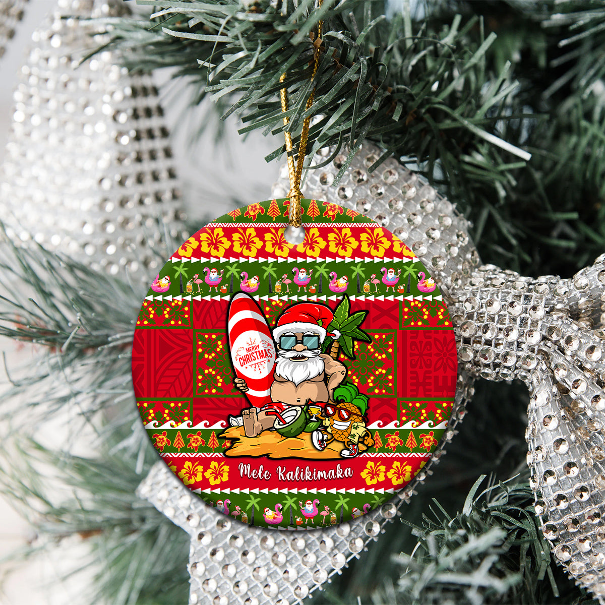 Hawaii Surfing Santa Christmas Ceramic Ornament Tropical Pineapple Mele Kalikimaka Quilt Pattern - Wonder Print Shop
