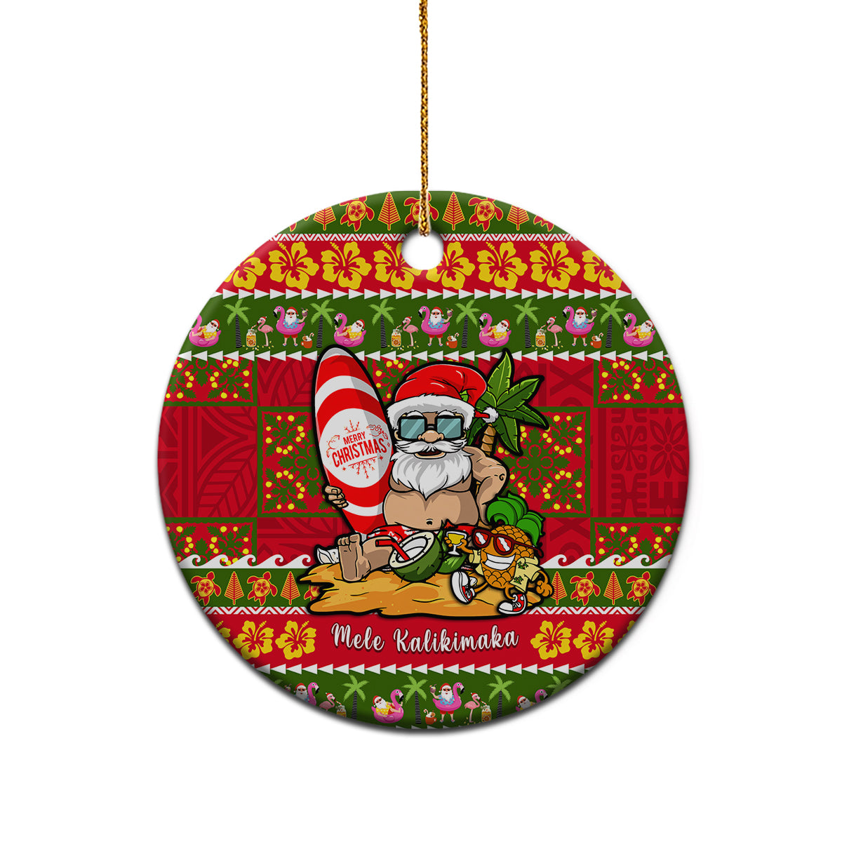 Hawaii Surfing Santa Christmas Ceramic Ornament Tropical Pineapple Mele Kalikimaka Quilt Pattern - Wonder Print Shop
