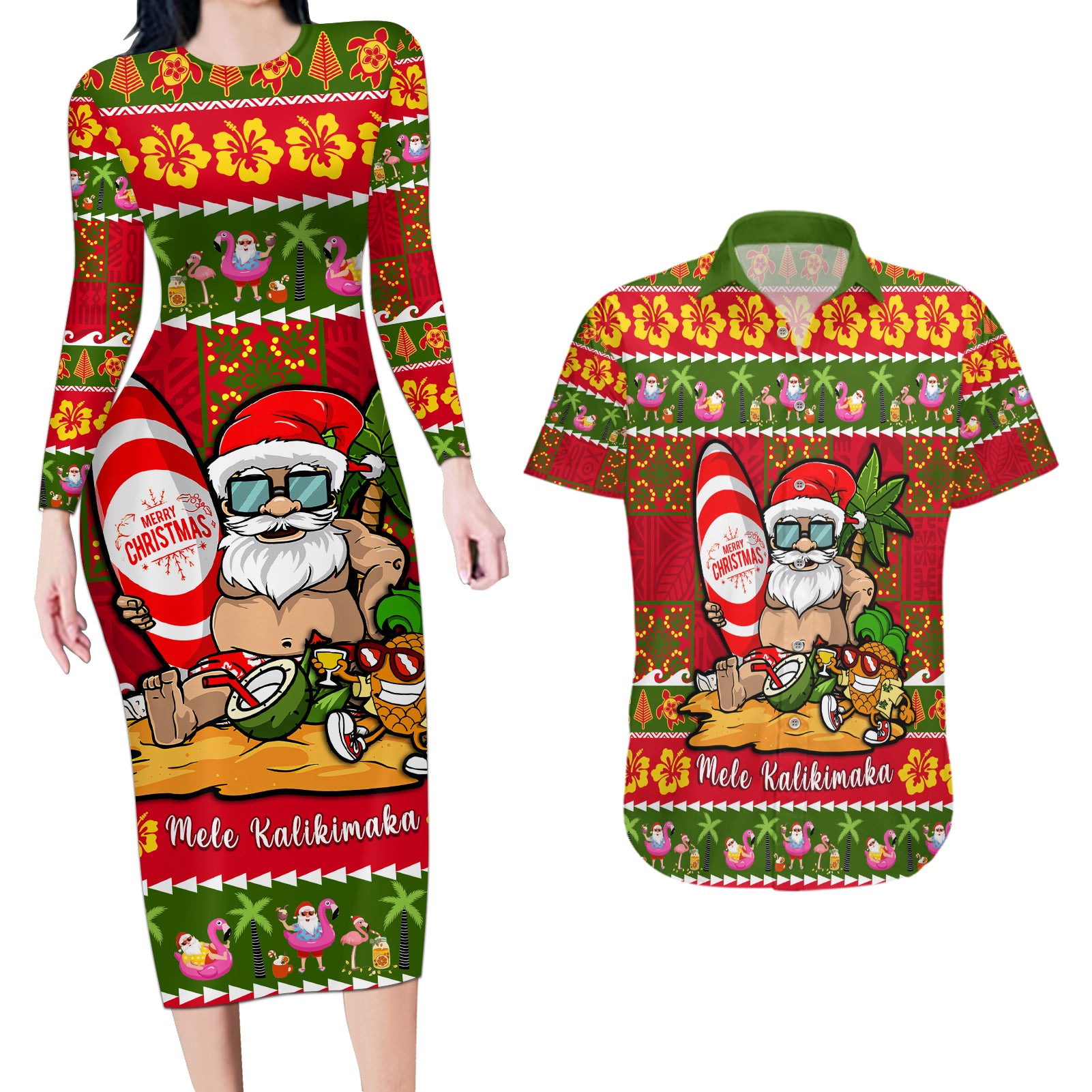 Personalised Hawaii Surfing Santa Christmas Couples Matching Long Sleeve Bodycon Dress and Hawaiian Shirt Tropical Pineapple Mele Kalikimaka Quilt Pattern - Wonder Print Shop