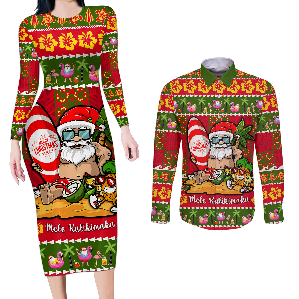 Personalised Hawaii Surfing Santa Christmas Couples Matching Long Sleeve Bodycon Dress and Long Sleeve Button Shirt Tropical Pineapple Mele Kalikimaka Quilt Pattern - Wonder Print Shop