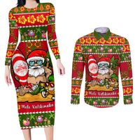 Personalised Hawaii Surfing Santa Christmas Couples Matching Long Sleeve Bodycon Dress and Long Sleeve Button Shirt Tropical Pineapple Mele Kalikimaka Quilt Pattern - Wonder Print Shop