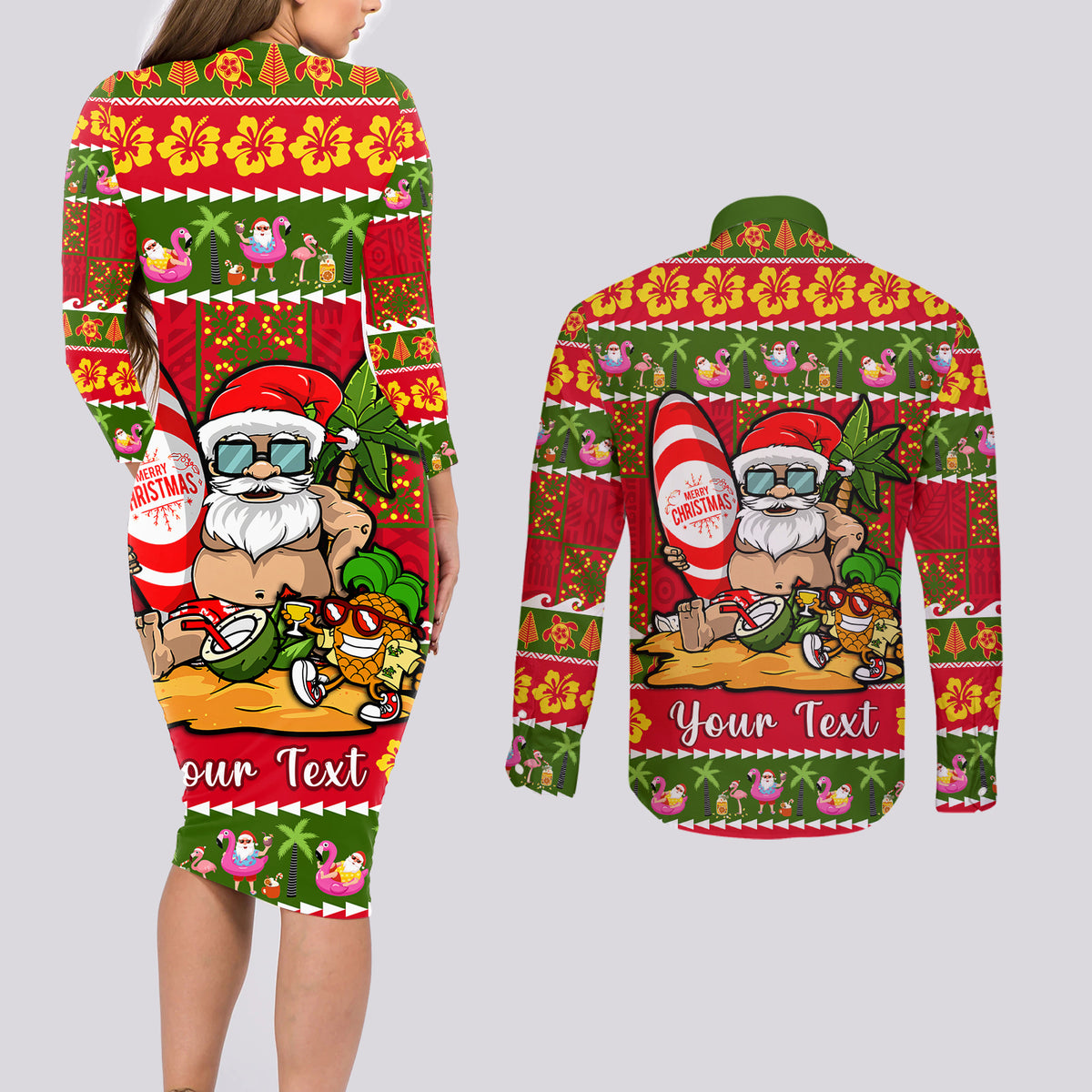 Personalised Hawaii Surfing Santa Christmas Couples Matching Long Sleeve Bodycon Dress and Long Sleeve Button Shirt Tropical Pineapple Mele Kalikimaka Quilt Pattern - Wonder Print Shop