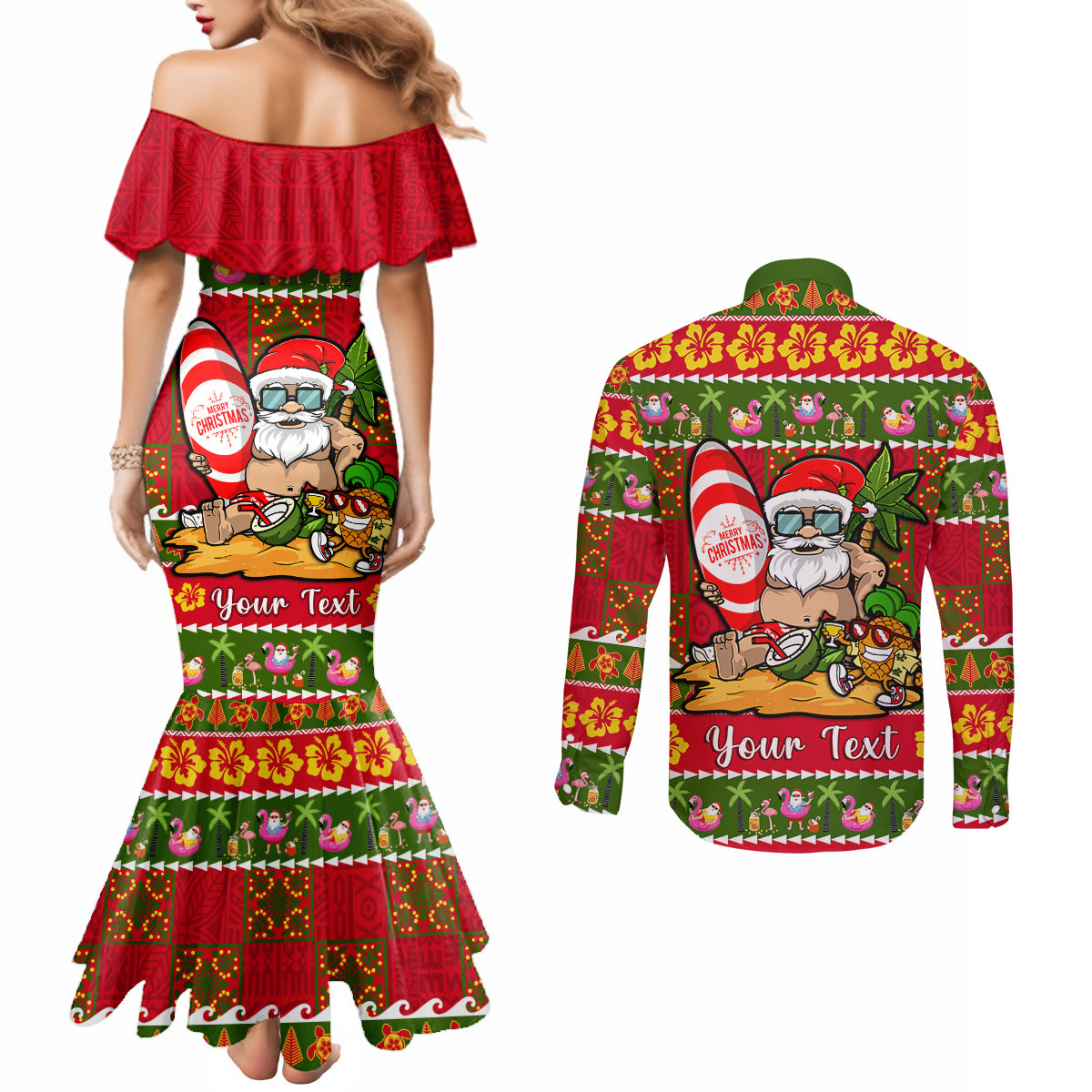 personalised-hawaii-surfing-santa-christmas-couples-matching-mermaid-dress-and-long-sleeve-button-shirt-tropical-pineapple-mele-kalikimaka-quilt-pattern