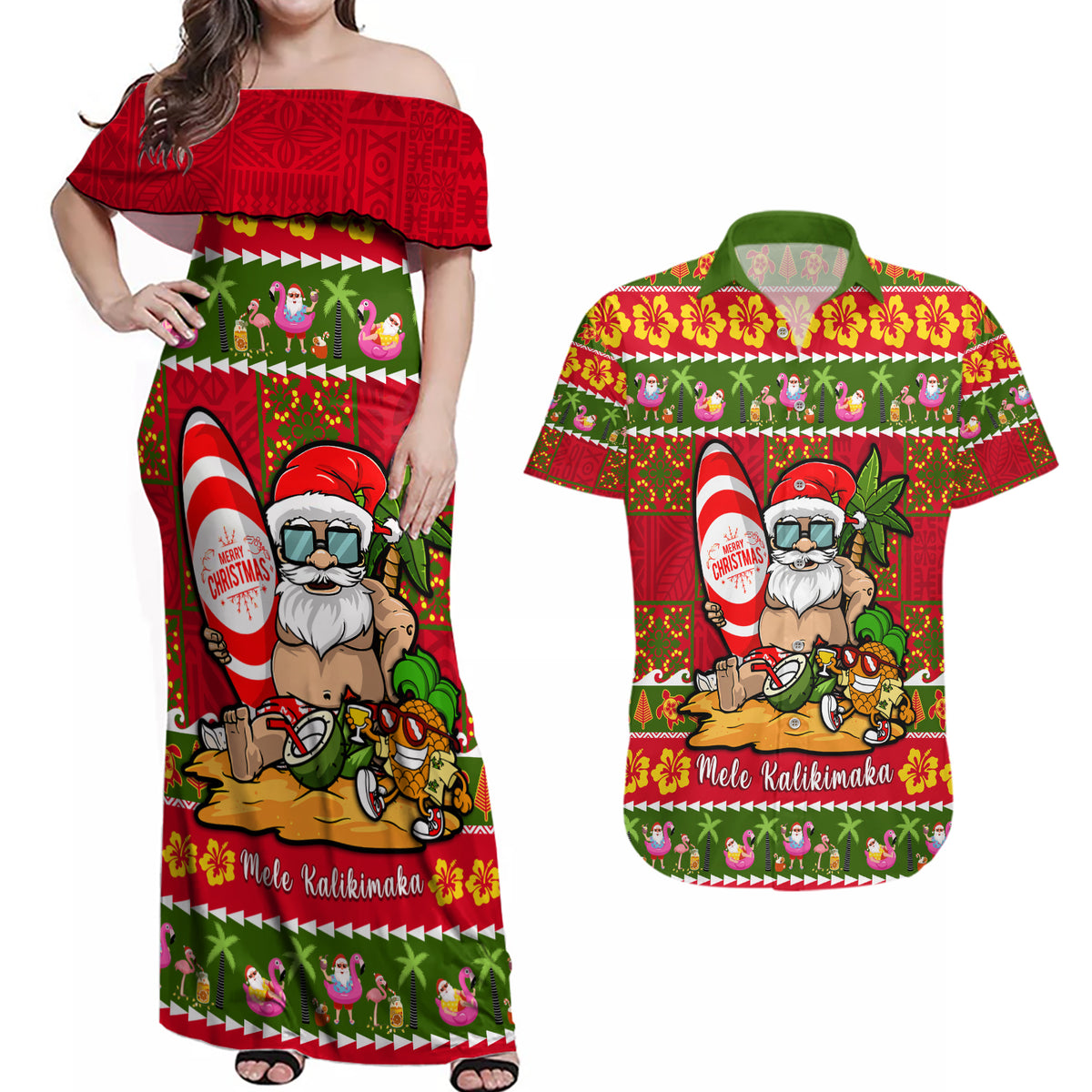 Personalised Hawaii Surfing Santa Christmas Couples Matching Off Shoulder Maxi Dress and Hawaiian Shirt Tropical Pineapple Mele Kalikimaka Quilt Pattern - Wonder Print Shop