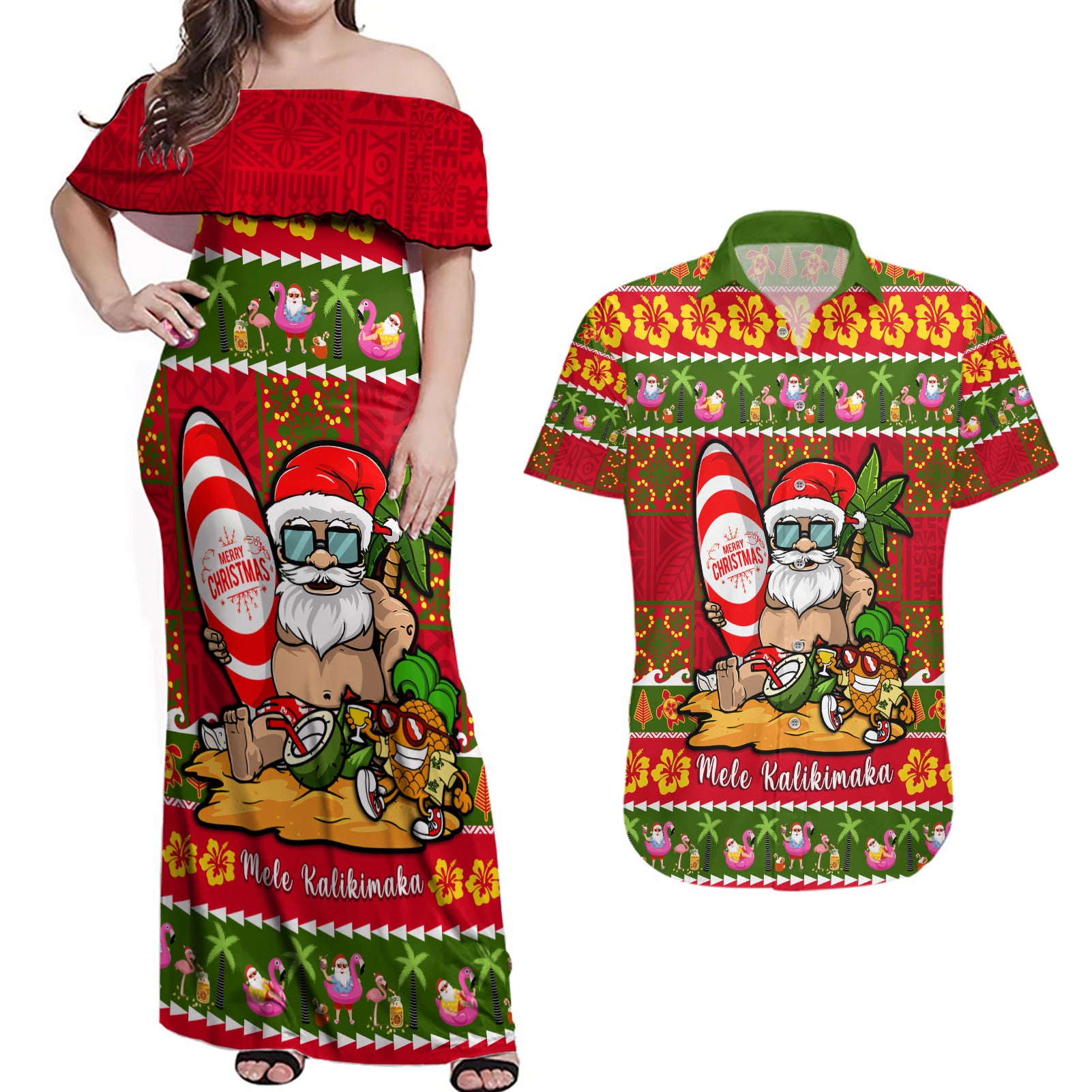 Personalised Hawaii Surfing Santa Christmas Couples Matching Off Shoulder Maxi Dress and Hawaiian Shirt Tropical Pineapple Mele Kalikimaka Quilt Pattern - Wonder Print Shop