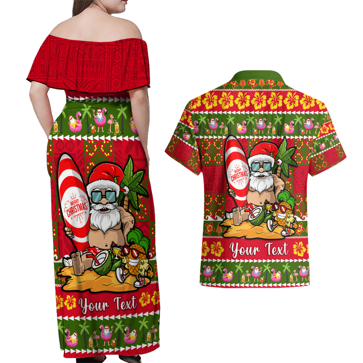 Personalised Hawaii Surfing Santa Christmas Couples Matching Off Shoulder Maxi Dress and Hawaiian Shirt Tropical Pineapple Mele Kalikimaka Quilt Pattern - Wonder Print Shop