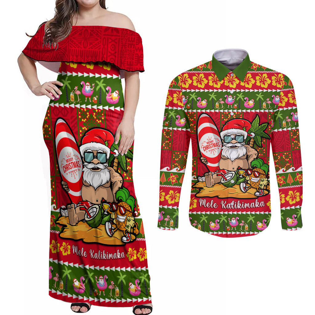Personalised Hawaii Surfing Santa Christmas Couples Matching Off Shoulder Maxi Dress and Long Sleeve Button Shirt Tropical Pineapple Mele Kalikimaka Quilt Pattern - Wonder Print Shop