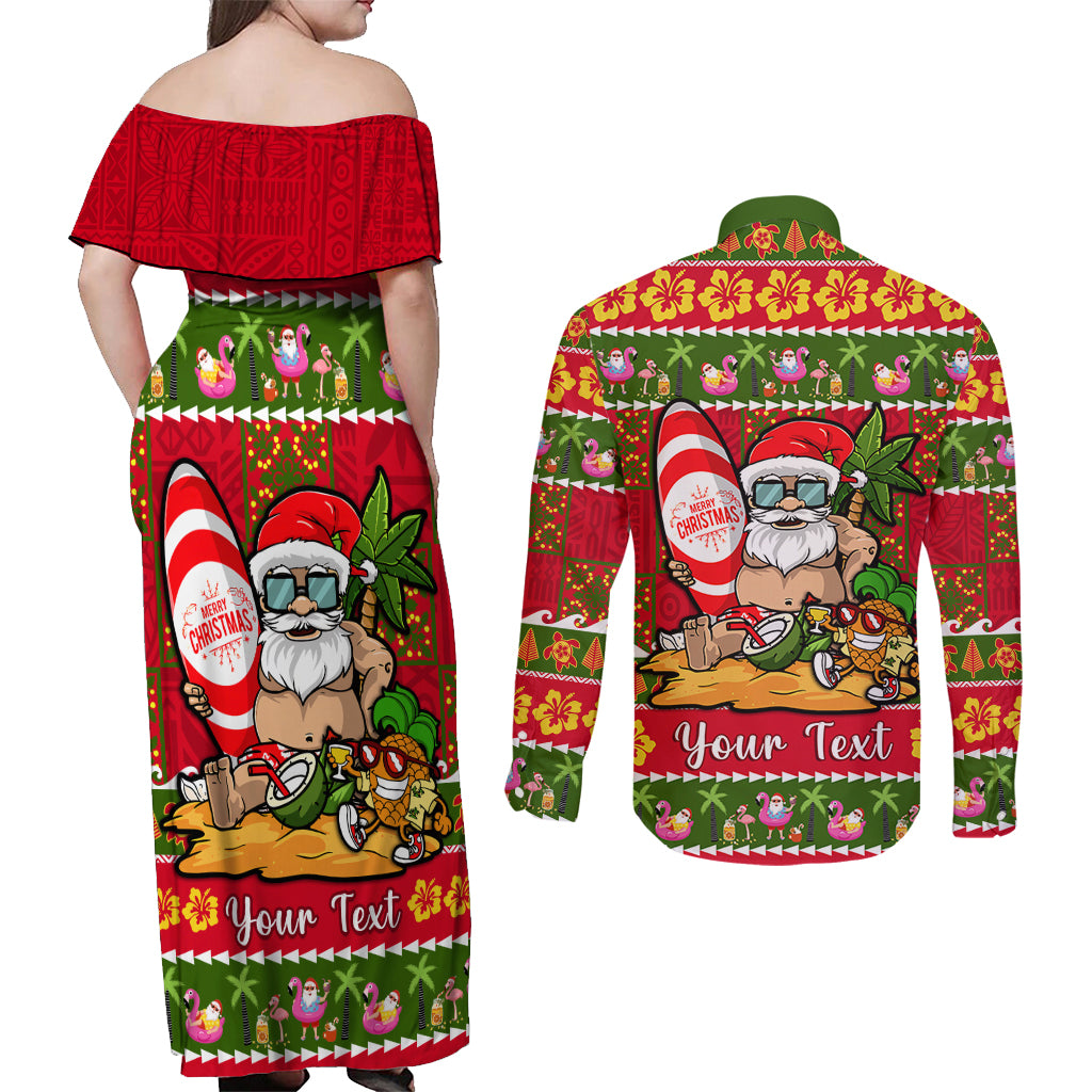 Personalised Hawaii Surfing Santa Christmas Couples Matching Off Shoulder Maxi Dress and Long Sleeve Button Shirt Tropical Pineapple Mele Kalikimaka Quilt Pattern - Wonder Print Shop