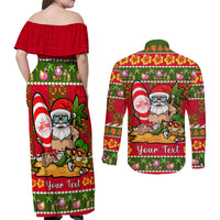 Personalised Hawaii Surfing Santa Christmas Couples Matching Off Shoulder Maxi Dress and Long Sleeve Button Shirt Tropical Pineapple Mele Kalikimaka Quilt Pattern - Wonder Print Shop
