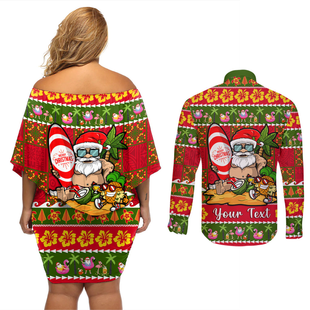 Personalised Hawaii Surfing Santa Christmas Couples Matching Off Shoulder Short Dress and Long Sleeve Button Shirt Tropical Pineapple Mele Kalikimaka Quilt Pattern - Wonder Print Shop