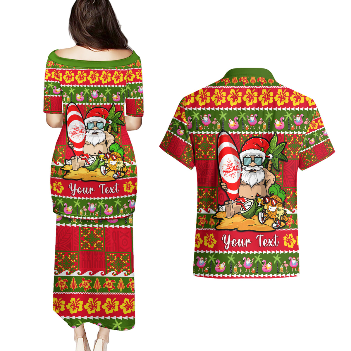Personalised Hawaii Surfing Santa Christmas Couples Matching Puletasi Dress and Hawaiian Shirt Tropical Pineapple Mele Kalikimaka Quilt Pattern - Wonder Print Shop