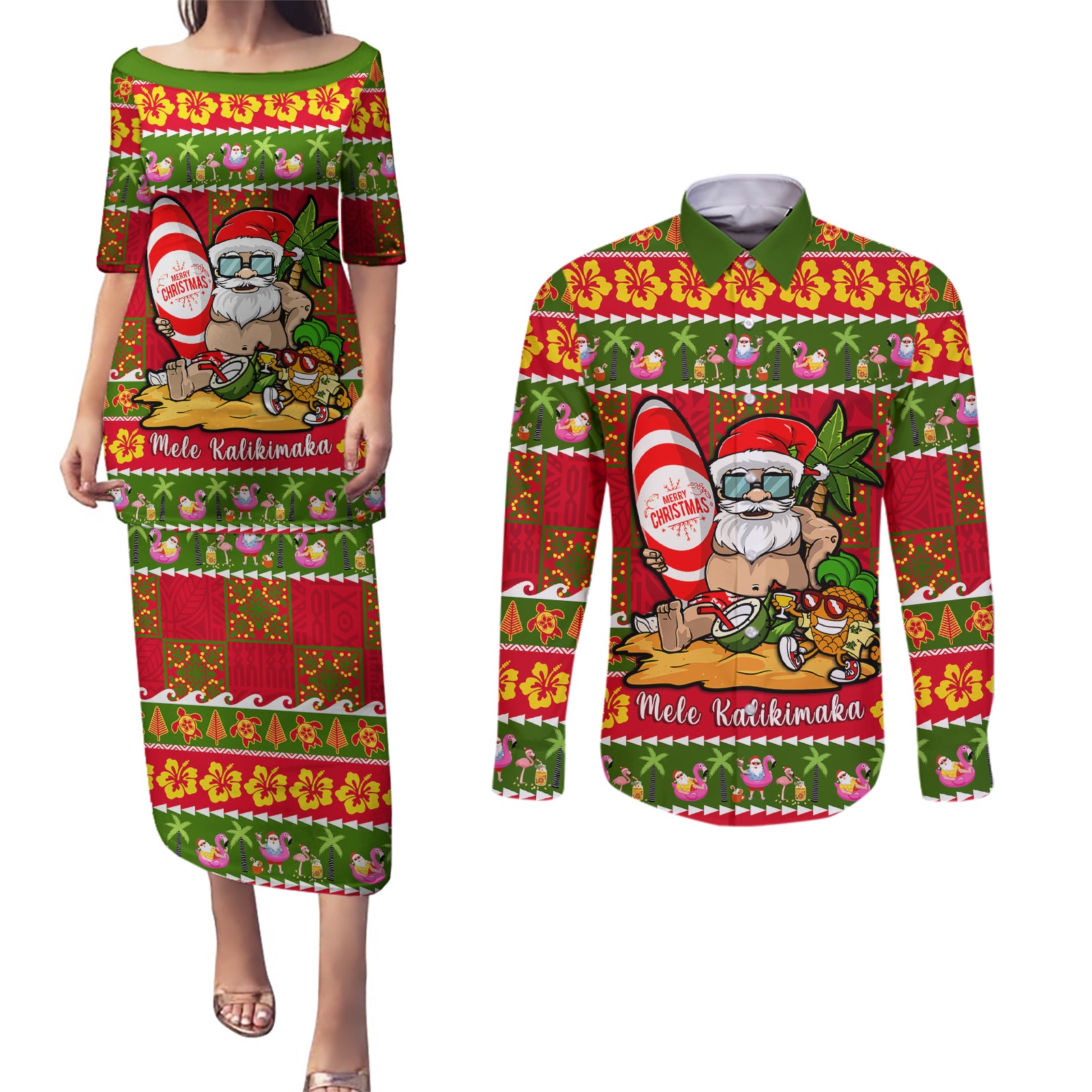 Personalised Hawaii Surfing Santa Christmas Couples Matching Puletasi Dress and Long Sleeve Button Shirt Tropical Pineapple Mele Kalikimaka Quilt Pattern - Wonder Print Shop